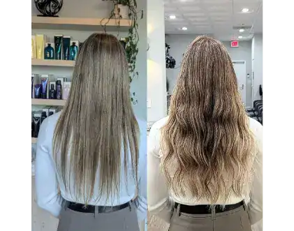 Side-by-side comparison of a woman’s hair by Jessie Lu before and after styling, showing straight hair on the left and wavy hair on the right, both viewed from the back.