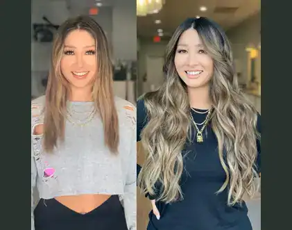 Two side-by-side photos of the same woman: on the left with straight, shoulder-length hair in a gray top, and on the right showcasing long, wavy locks styled by hair by Jessie Lu in a black top.