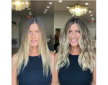 Side-by-side comparison of a woman before and after a hairstyle change by hair by Jessie Lu, showing straighter hair on the left and wavy, voluminous hair on the right.
