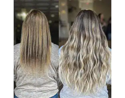Side-by-side comparison of hair by Jessie Lu: straight, shoulder-length hair on the left and long, wavy, highlighted hair on the right, both shown from the back.