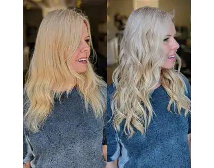 Side-by-side comparison of a woman with shoulder-length wavy blonde hair on the left and longer, more voluminous wavy blonde hair on the right, styled by hair by Jessie Lu.