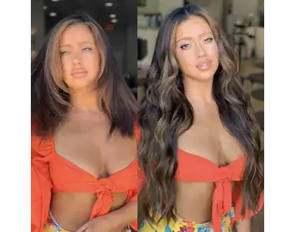Side-by-side photos of a woman in an orange top, featuring short, straight hair on the left and long, wavy hair on the right—styled by hair by Jessie Lu.