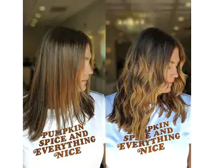 Side-by-side comparison of a woman before and after getting wavy highlights by hair by Jessie Lu, wearing a white shirt with the text "Pumpkin Spice and Everything Nice.