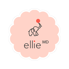 Logo with a pink scalloped background, an outline of an elephant reaching for a red dot, and the text "ellie MD" below the elephant.