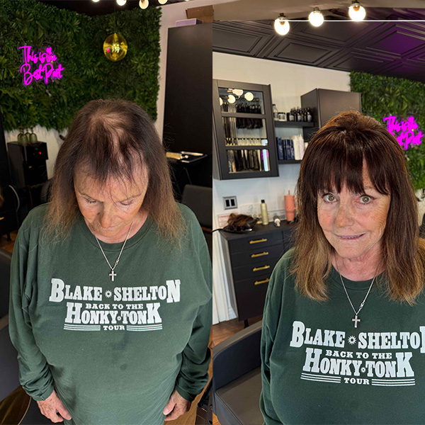 Woman in a salon before and after getting hair extensions; her hair appears fuller and longer in the after photo. She is wearing a Blake Shelton tour sweatshirt.